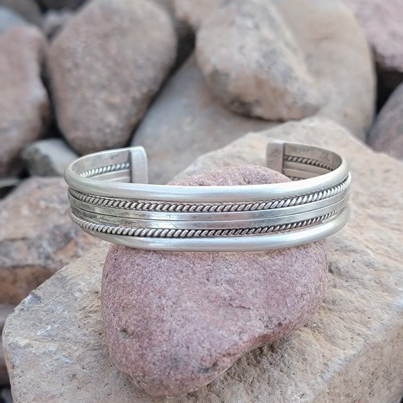 Native American smooth band + rope border + split band five shank 925 sterling - Picture 13 of 13